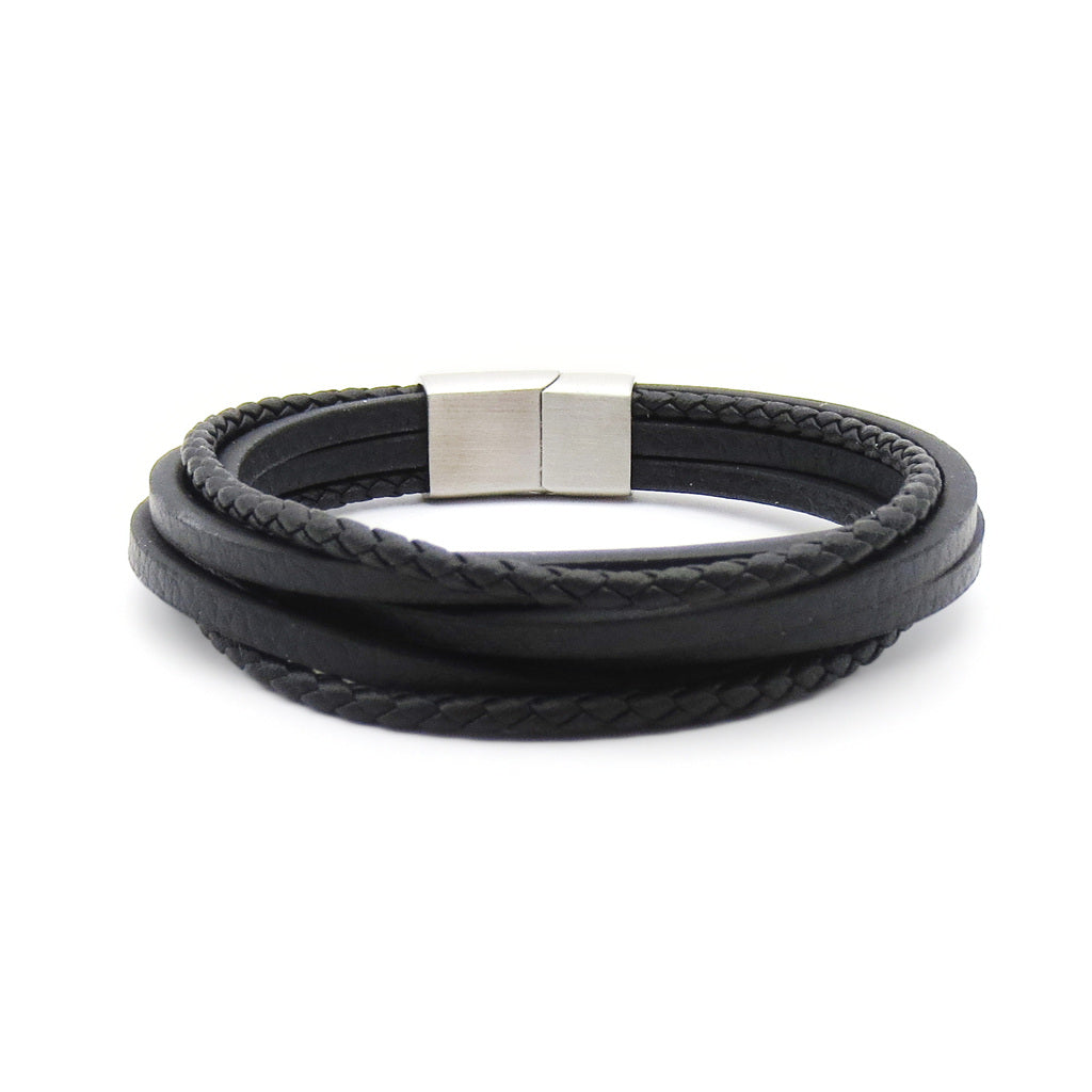Multi-Strand Black Braided Leather Bracelet