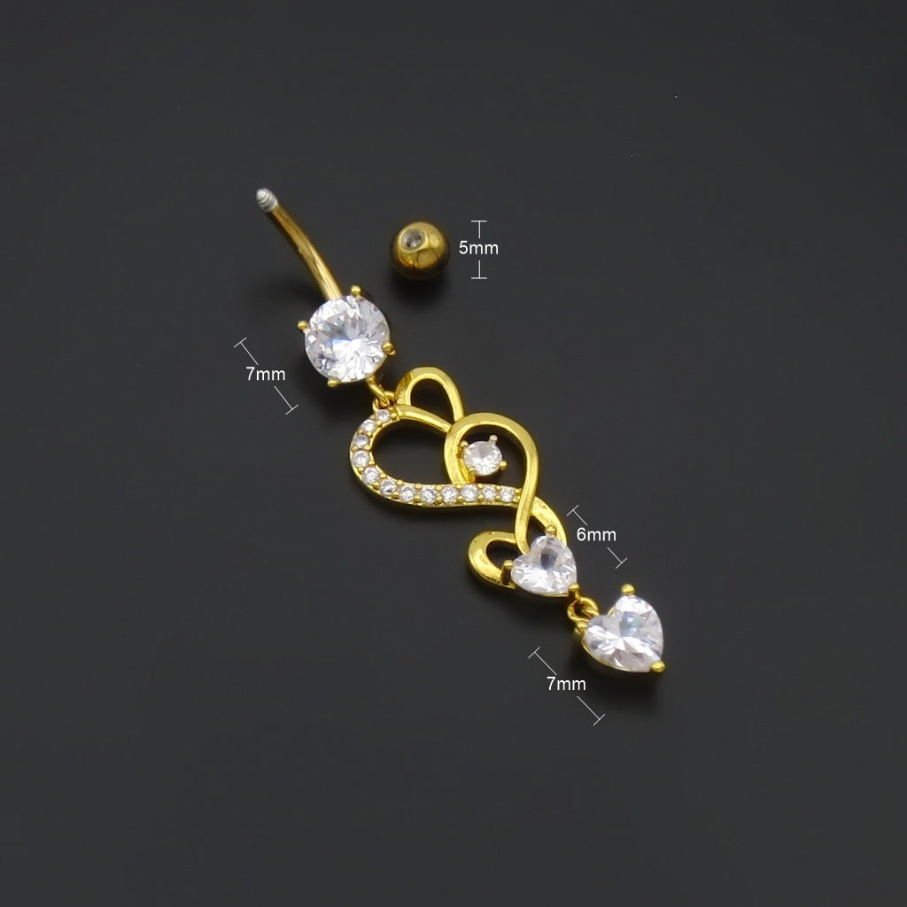 Triple CZ Heart Dangle Belly Button Ring - Gold-Belly Rings-2-Glitters