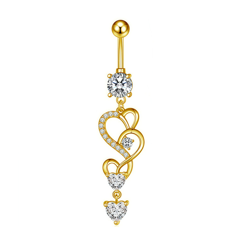 Triple CZ Heart Dangle Belly Button Ring - Gold-Belly Rings-1-Glitters