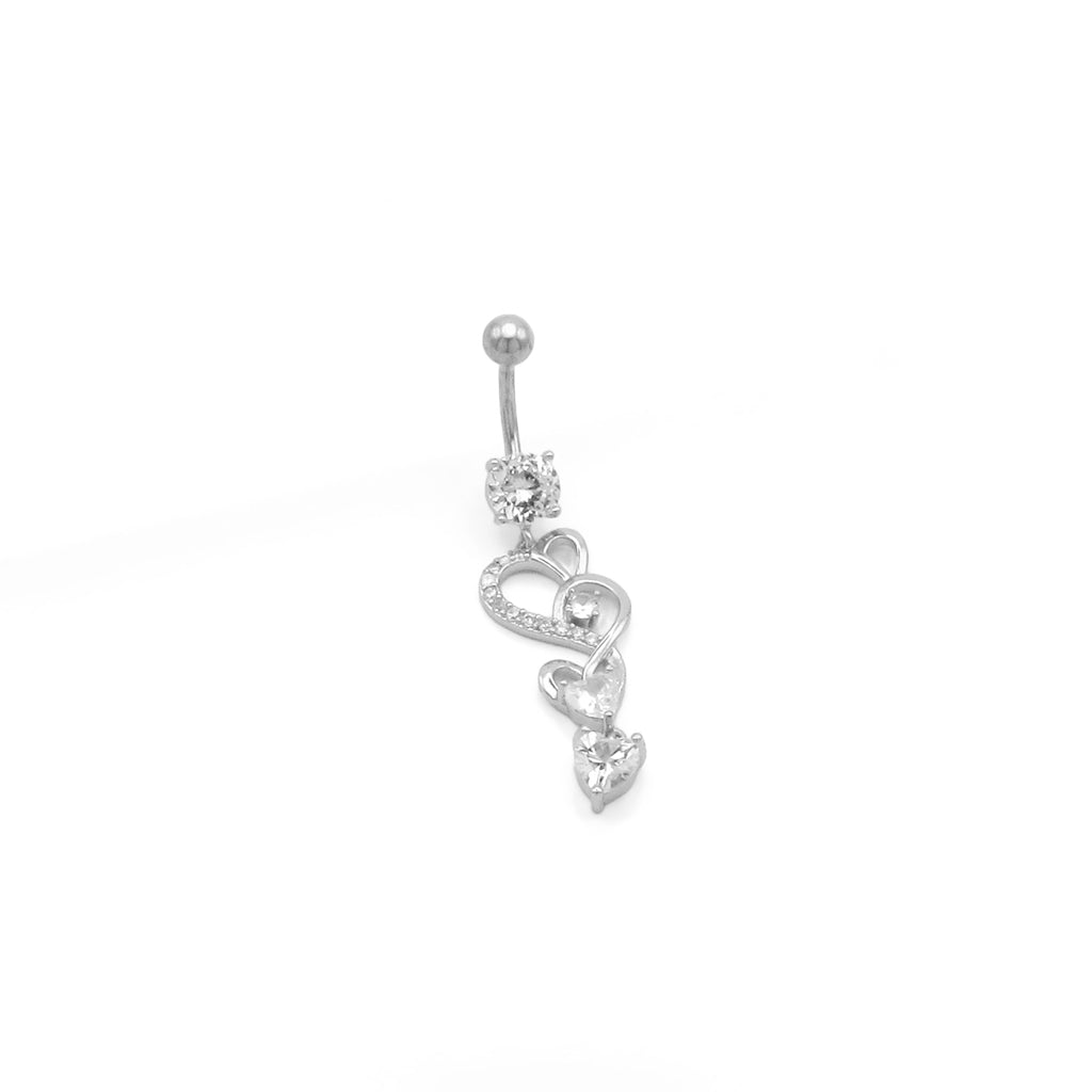 Triple CZ Heart Dangle Belly Button Ring - Silver-Belly Rings-2-Glitters