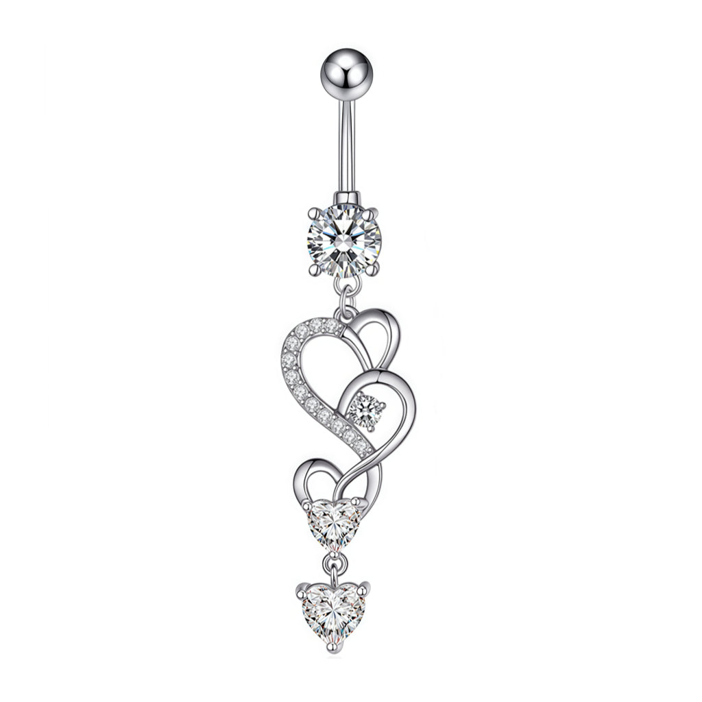 Triple CZ Heart Dangle Belly Button Ring - Silver-Belly Rings-1-Glitters