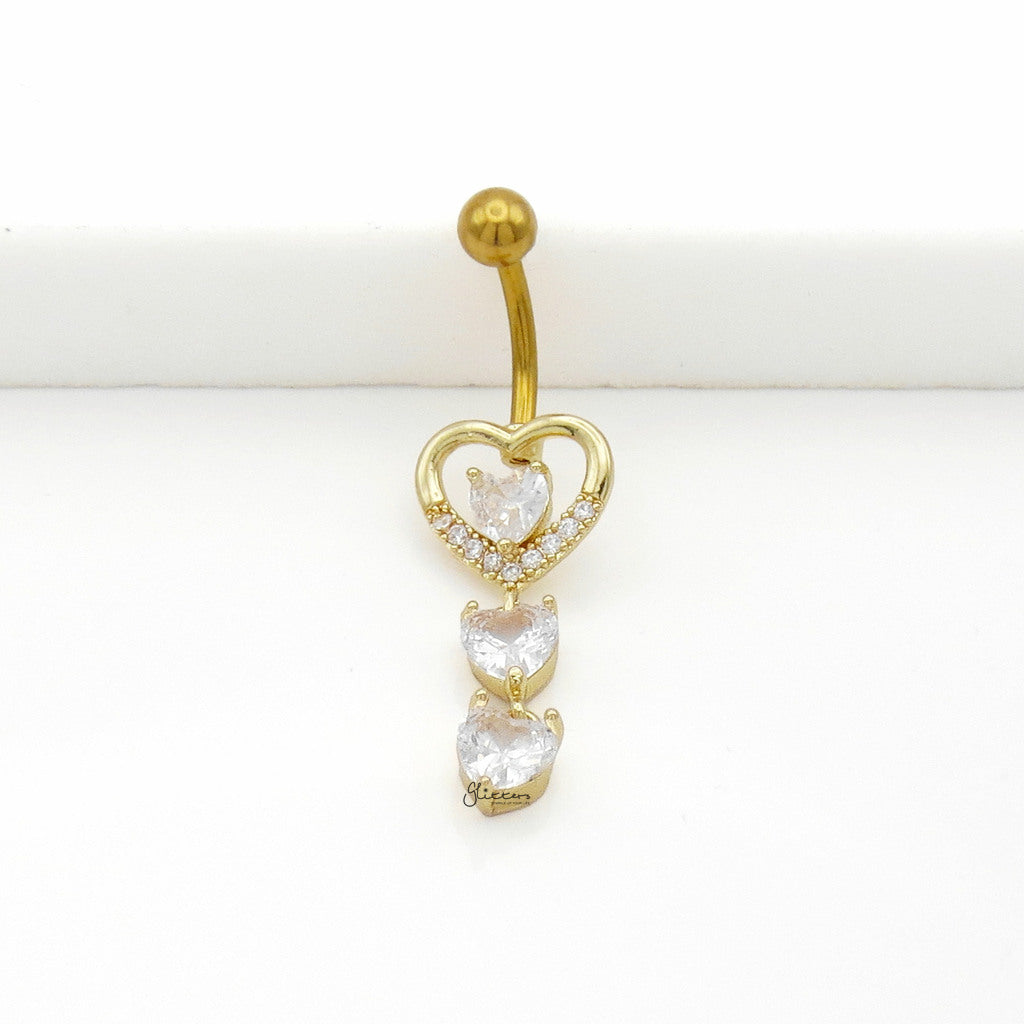 Triple CZ Heart Dangle Belly Button Navel Ring - Gold