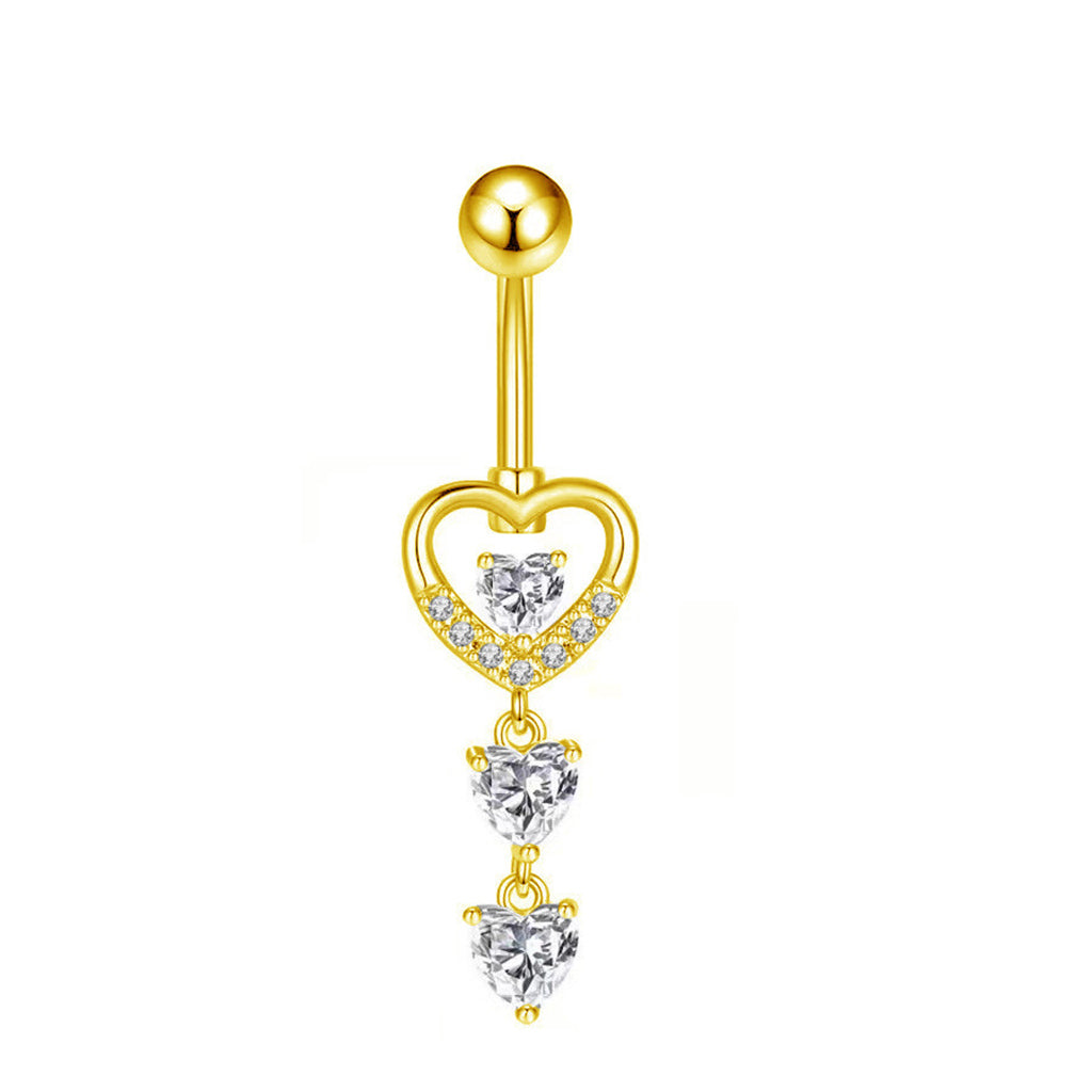 Triple CZ Heart Dangle Belly Button Navel Ring - Gold