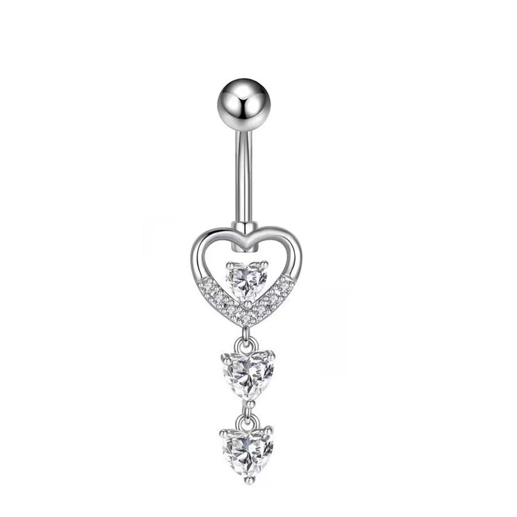 Triple CZ Heart Dangle Belly Button Navel Ring - Silver