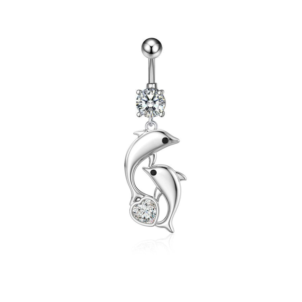 Double Dolphin CZ Dangle Belly Button Navel Ring
