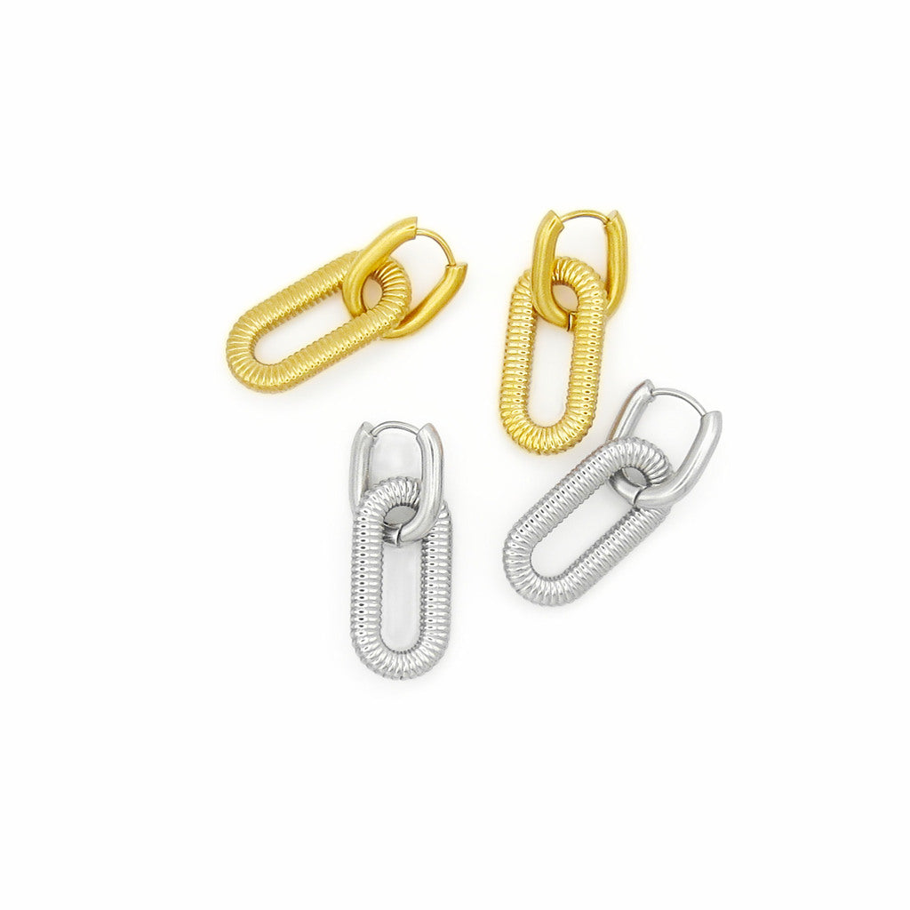 Stainless Steel Detachable Ribbed Link Hoop Earrings-Earrings-1-Glitters