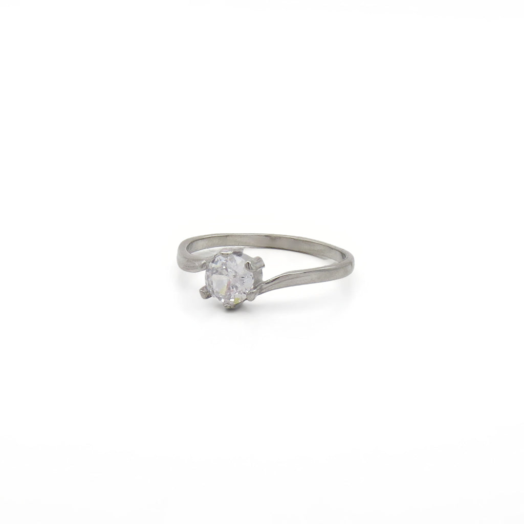 Stainless Steel Solitaire Ring with Round CZ Stone - Silver-Stainless Steel Rings-2-Glitters