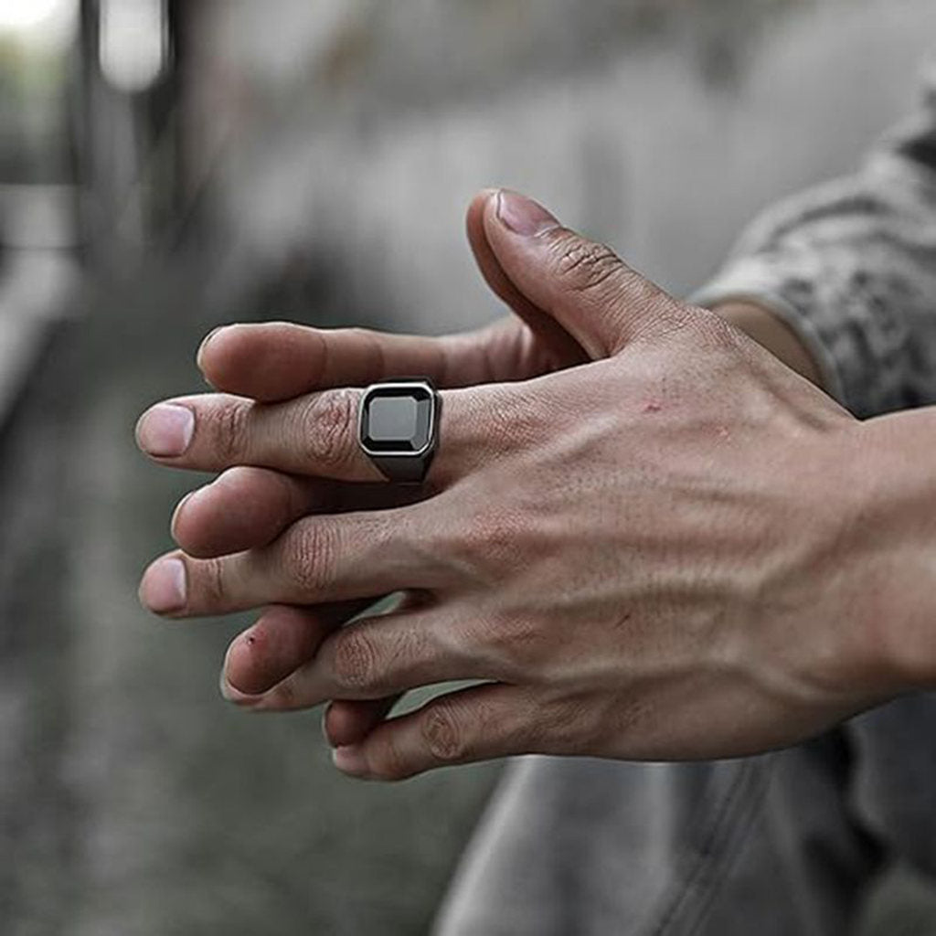 Stainless Steel Black Glass Signet Ring - Gold