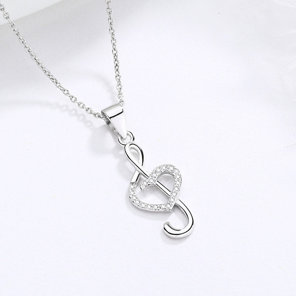 Sterling Silver CZ Treble Clef & Heart Pendent Necklace-Sterling Silver Necklaces-3-Glitters