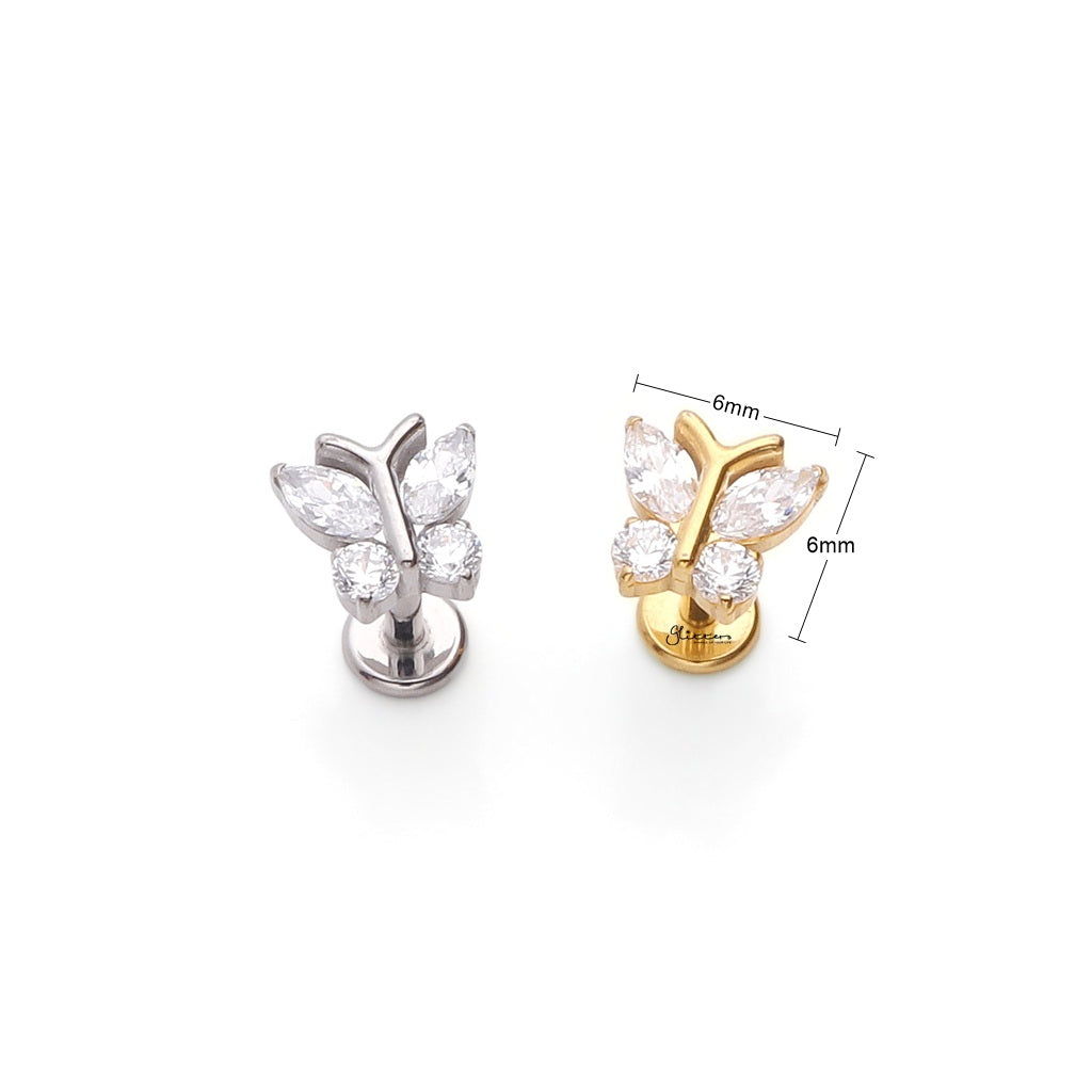 CZ Butterfly Titanium Flat Back Stud Earrings-Tragus | Cartilage | Daith | Conch-3-Glitters