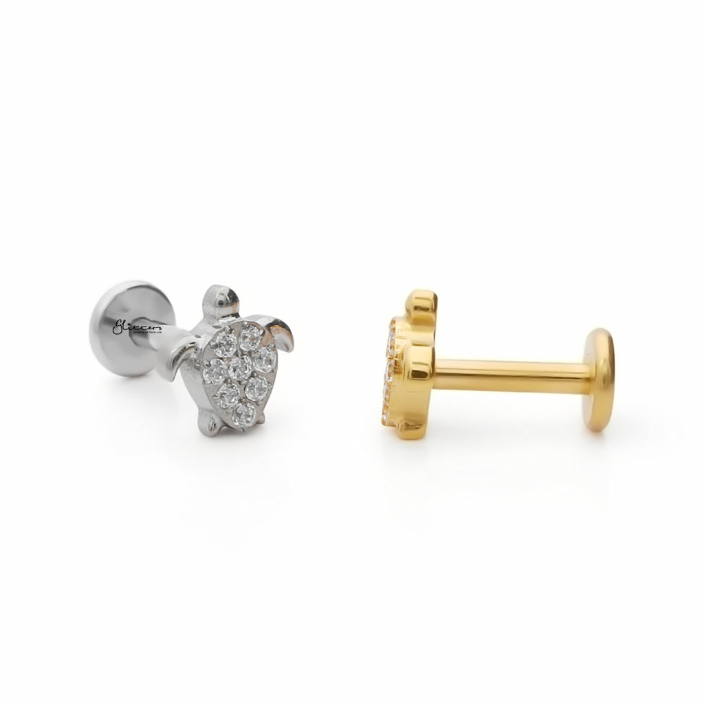 CZ Turtle Titanium Flat Back Stud Earrings-Tragus | Cartilage | Daith | Conch-4-Glitters