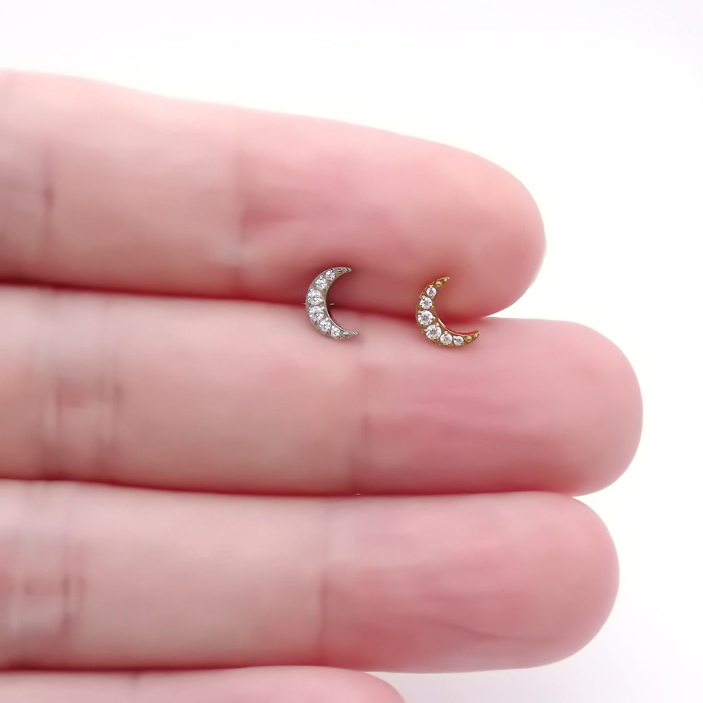 C.Z Crescent Moon Titanium Flat Back Stud Earring-Tragus | Cartilage | Daith | Conch-6-Glitters