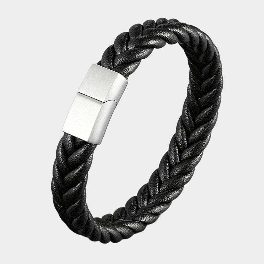Black Braided One Line Leather Bracelet - 14mm width-Leather Bracelets-1-Glitters