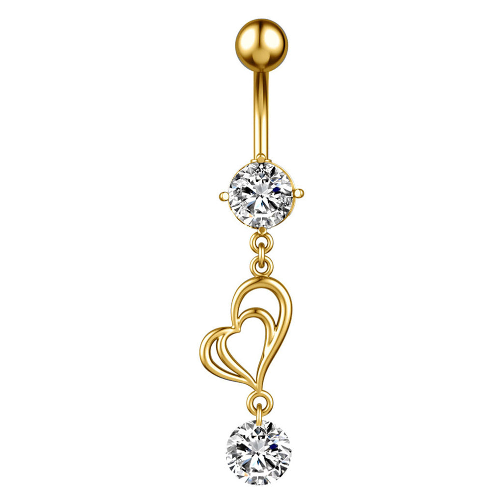 Double Heart with CZ Dangle Belly Button Ring - Gold-Belly Rings-1-Glitters