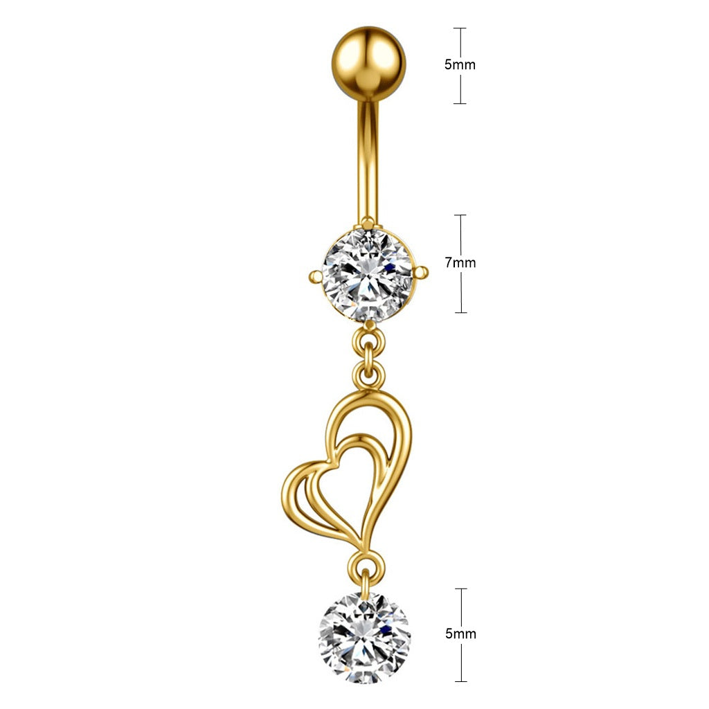 Double Heart with CZ Dangle Belly Button Ring - Gold-Belly Rings-2-Glitters