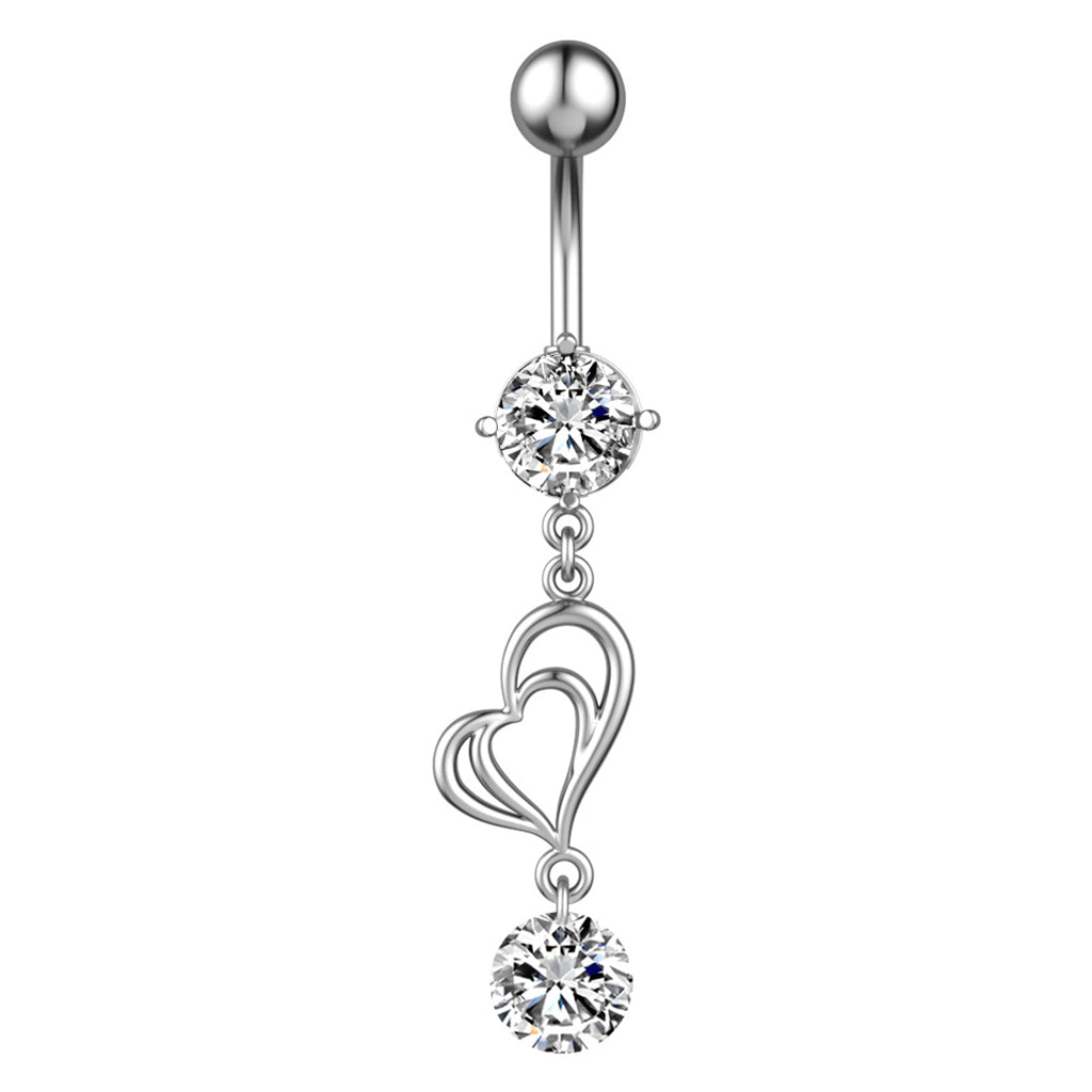 Double Heart with CZ Dangle Belly Button Ring - Silver-Belly Rings-1-Glitters