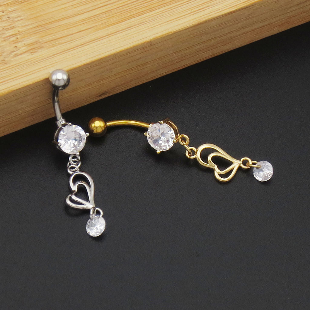Double Heart with CZ Dangle Belly Button Ring - Gold-Belly Rings-3-Glitters