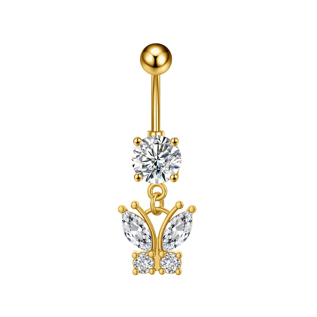 CZ Butterfly Dangle Belly Button Navel Ring - Gold