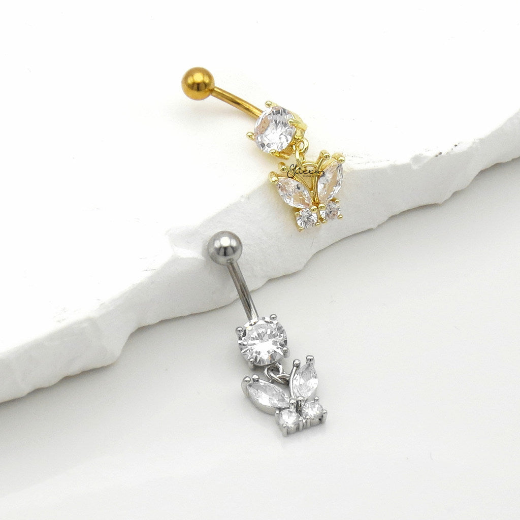 CZ Butterfly Dangle Belly Button Navel Ring - Silver