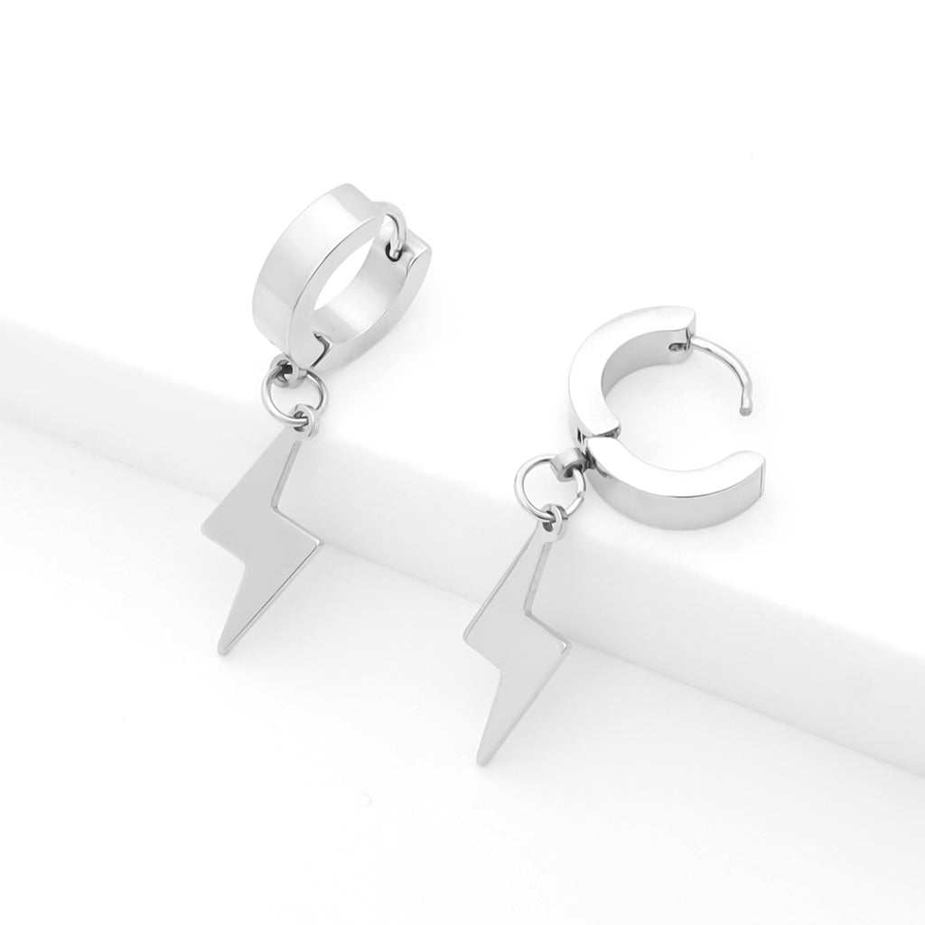 Stainless Steel Lightning Bolt Huggie Hoop Earrings - Silver-Hoop Earrings-3-Glitters