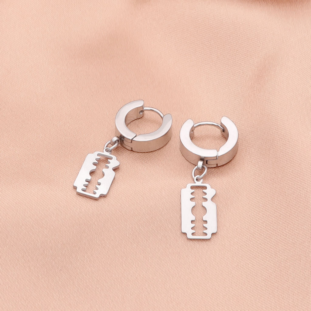 Stainless Steel Huggie Hoop Earrings with Razor Blade Charm - Silver-Hoop Earrings-2-Glitters