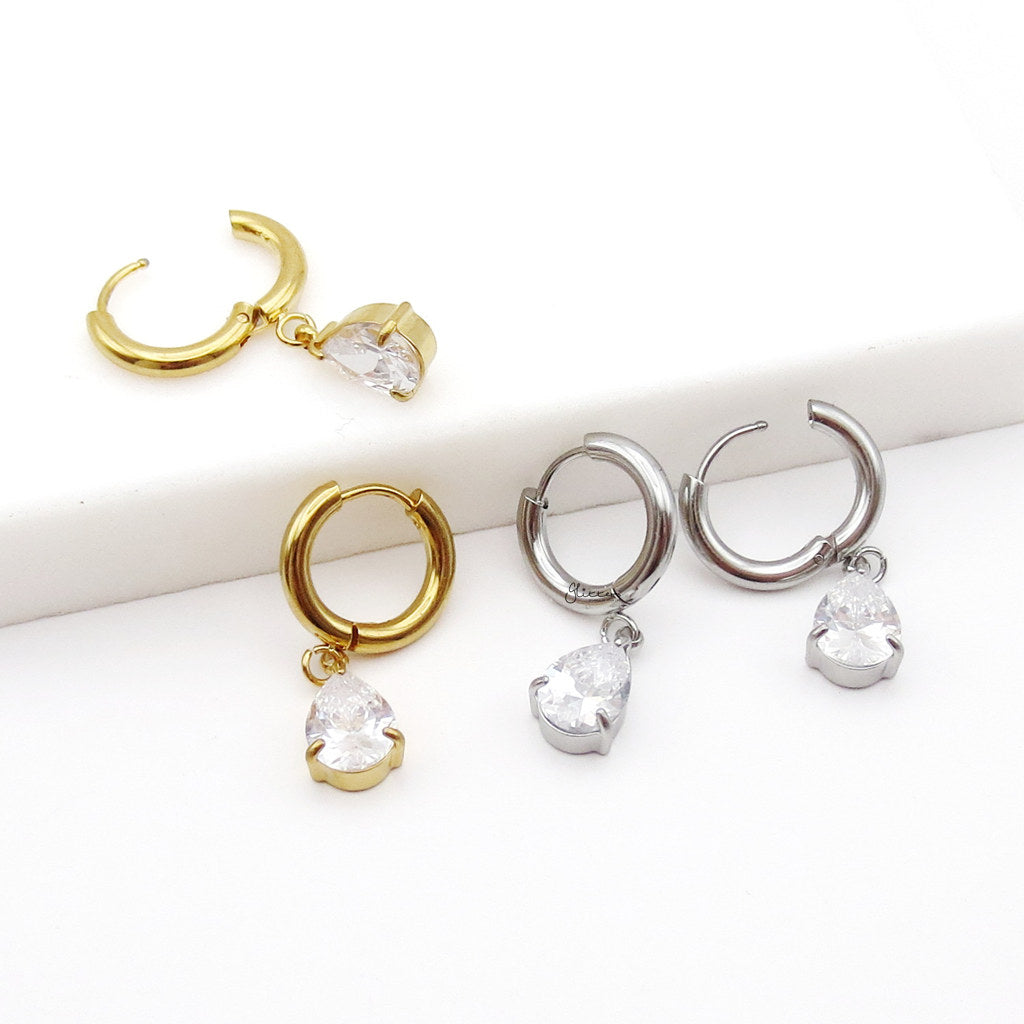 Stainless Steel Pear Cut CZ Dangle Hoop Earrings-Earrings-3-Glitters