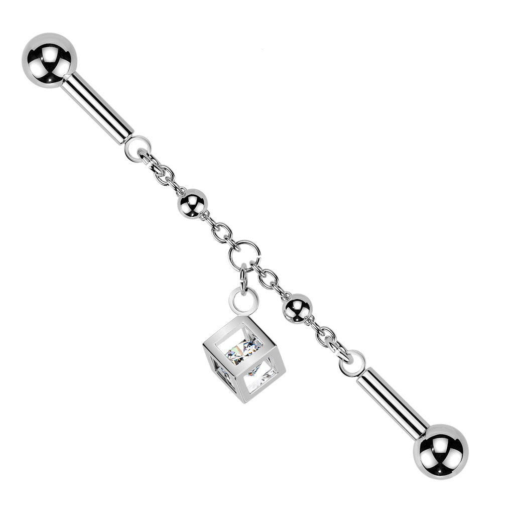 Centered Chain & CZ Cube Dangle Industrial Barbell - Silver-Industrial Barbells-1-Glitters