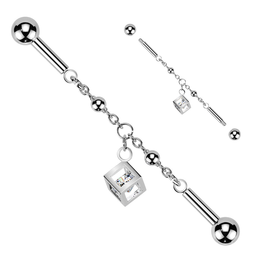 Centered Chain & CZ Cube Dangle Industrial Barbell - Silver-Industrial Barbells-4-Glitters