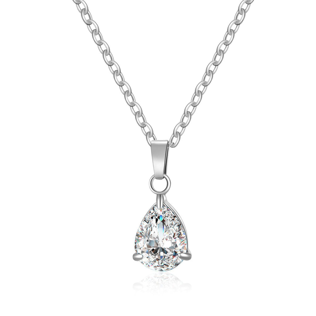 Stainless Steel Pear Cut CZ Teardrop Pendant Necklace - Clear