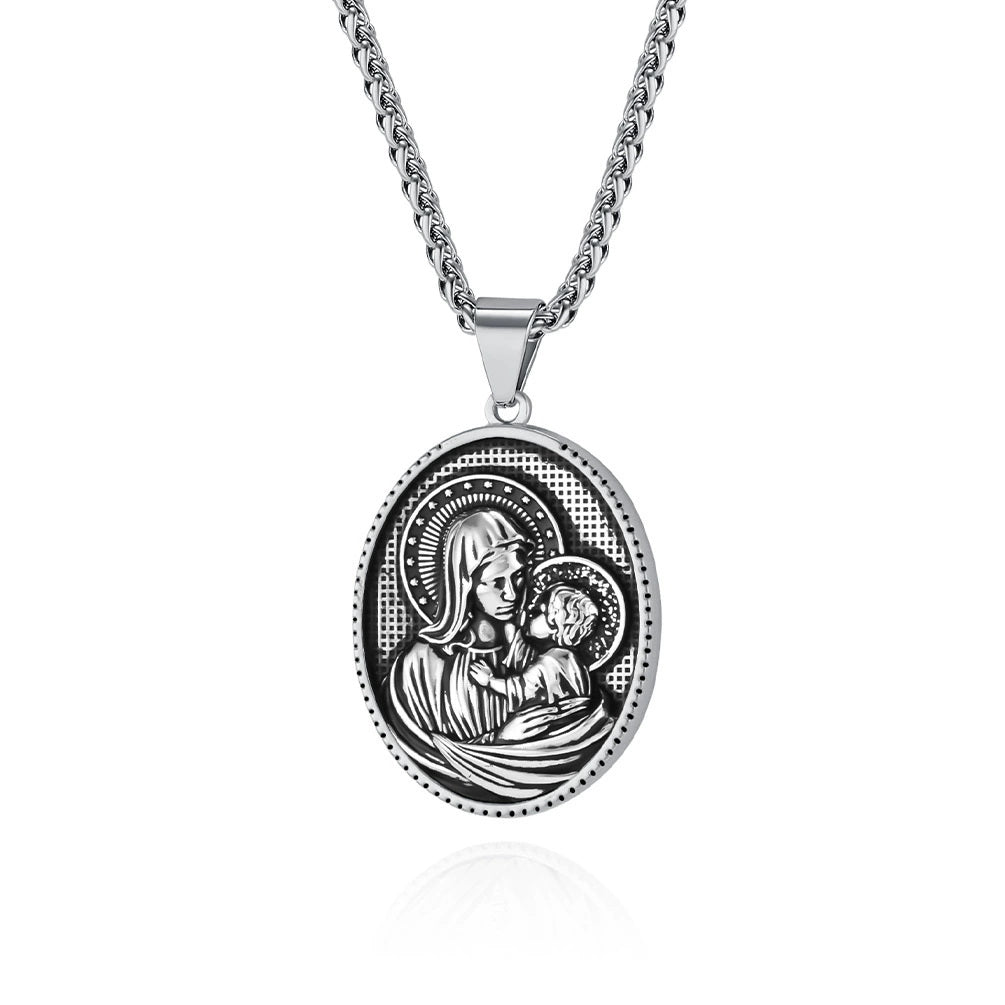 Stainless Steel Virgin Mary and Child Jesus Pendant - Silver-Pendants-4-Glitters