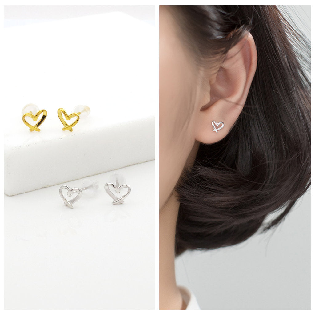 Sterling Silver Heart Shape Stud Earrings - Gold-Stud Earrings-4-Glitters