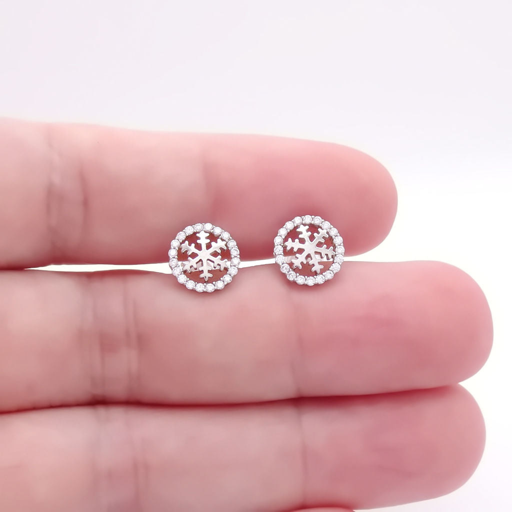 Sterling Silver Round Snowflake CZ Stud Earrings