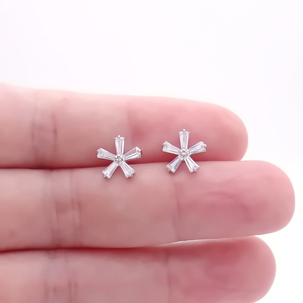 Sterling Silver Baguette CZ Flower Stud Earrings