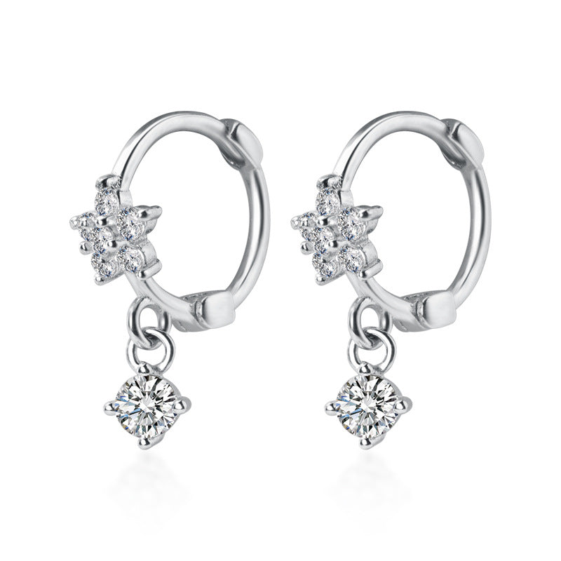 Sterling Silver C.Z Flower Hoop Earrings with Dangle Prong Set C.Z - Silver-Hoop Earrings-3-Glitters