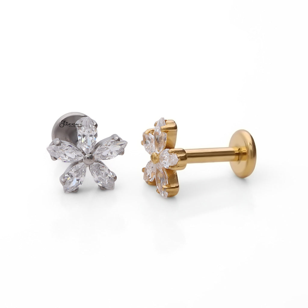 Marquise CZ Flower Titanium Flat Back Stud Earrings-Tragus | Cartilage | Daith | Conch-5-Glitters