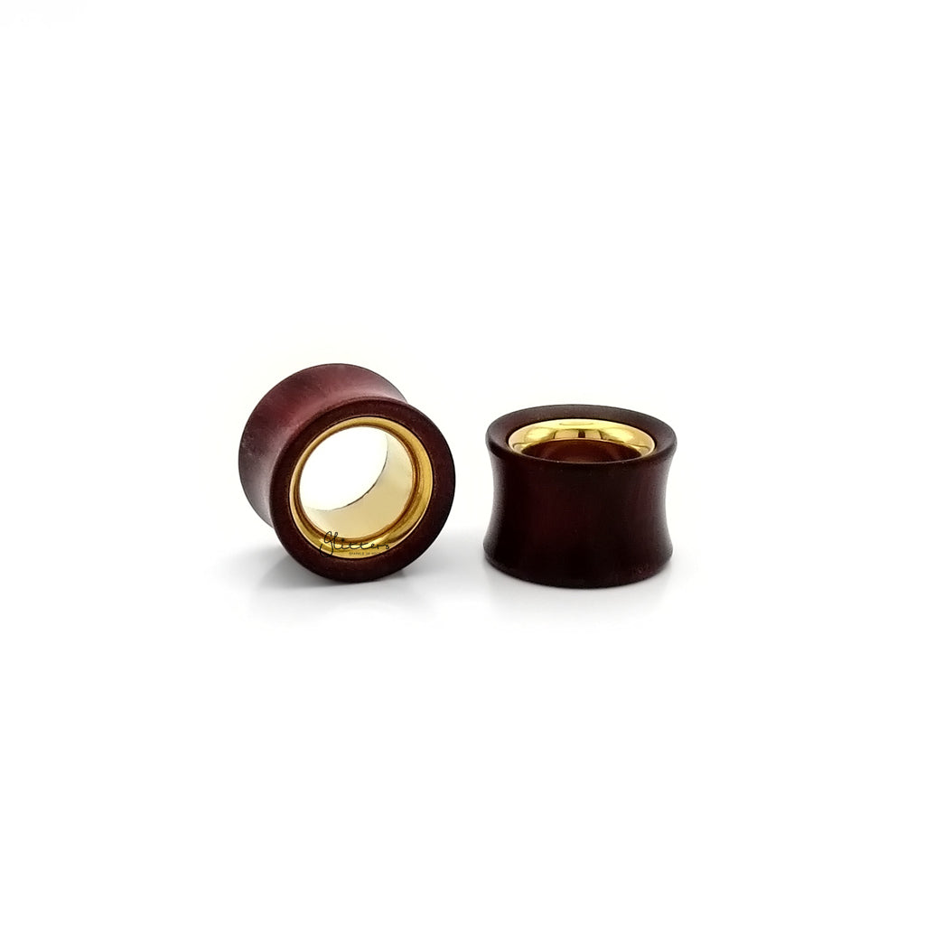 Red Sandalwood and Gold Centered Double Flared Ear Tunnel Plug-Tunnels-3-Glitters