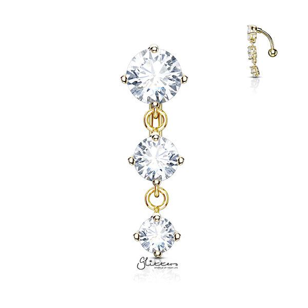 316L Surgical Steel Three Prong Set Round CZ Vertical Drop Belly Button Navel Rings-Belly Ring, Body Piercing Jewellery, Cubic Zirconia-BJ0314-G-Glitters