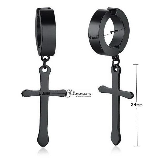 Non-Pierced Stainless Steel Clip On Cross Dangle Hoop Earrings - Black-earrings, Fake Earrings, Hinged Earrings, Hoop Earrings, Jewellery, Men's Earrings, Men's Jewellery, Non-Pierced, Stainless Steel, Women's Earrings, Women's Jewellery-EC0064_k01_New-Glitters