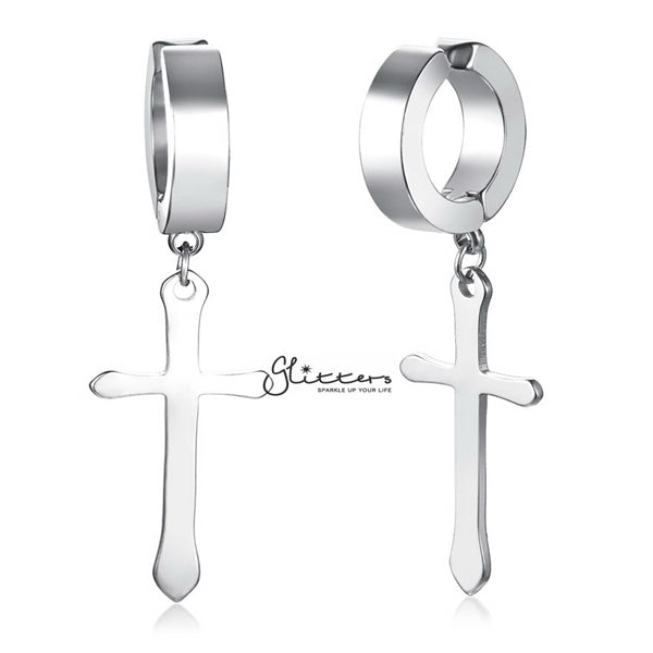 Non-Pierced Stainless Steel Clip On Cross Dangle Hoop Earrings - Silver-earrings, Fake Earrings, Hinged Earrings, Hoop Earrings, Jewellery, Men's Earrings, Men's Jewellery, Non-Pierced, Stainless Steel, Women's Earrings, Women's Jewellery-EC0064_s01-Glitters