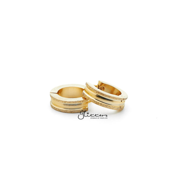 18K Gold IP Stainless Steel Hinged Hoop Earrings with Sand Sparkle Edges-earrings, Hoop Earrings, Huggie Earrings, Jewellery, Men's Earrings, Men's Jewellery, Stainless Steel, Women's Earrings, Women's Jewellery-ER0304_G-Sand_Sparkle_Edges_03-Glitters