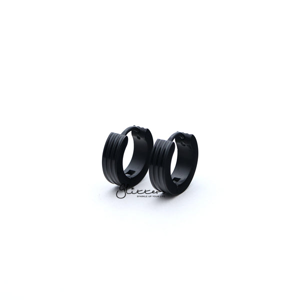Stainless Steel Hinged Hoop Earrings with Grooves Carved Center - Black-earrings, Hoop Earrings, Huggie Earrings, Jewellery, Men's Earrings, Men's Jewellery, Stainless Steel, Women's Earrings, Women's Jewellery-ER0304_Grooves_Carved_K01-Glitters