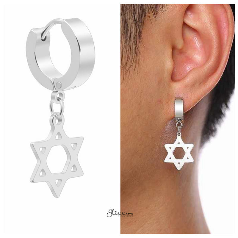 Star of David Symbol Huggie Hoop Earrings - Silver-earrings, Hoop Earrings, Huggie Earrings, Jewellery, Men's Earrings, Men's Jewellery, Stainless Steel, Women's Earrings-ER1479-S3-Glitters