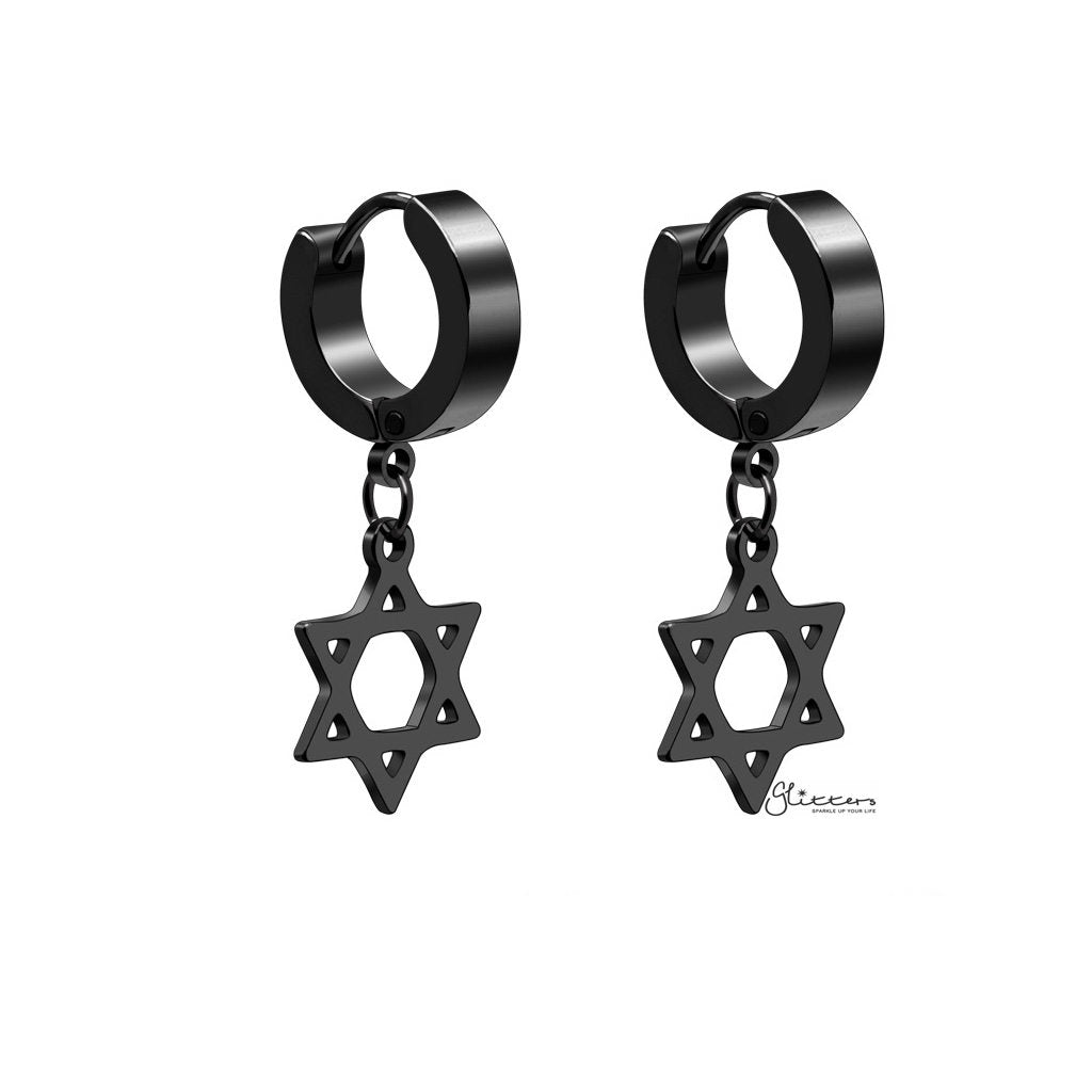Star of David Symbol Huggie Hoop Earrings - Black-earrings, Hoop Earrings, Huggie Earrings, Jewellery, Men's Earrings, Men's Jewellery, Stainless Steel, Women's Earrings-ER1479K_1-Glitters