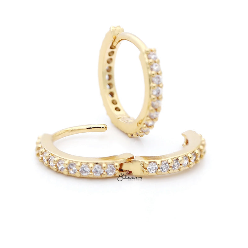 C.Z Paved Classic Huggie Hoop Earrings - Gold-Cubic Zirconia, earrings, Hoop Earrings, Jewellery, Women's Earrings, Women's Jewellery-1-Glitters