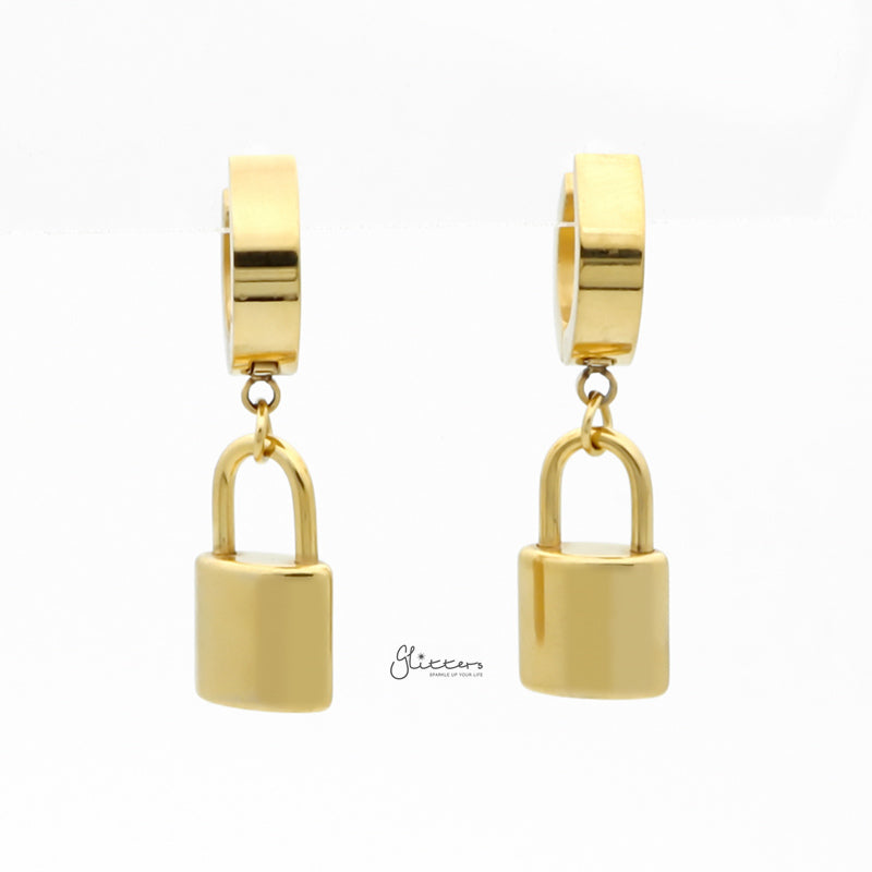 Stainless Steel Huggie Hoop Earrings with Padlock Charm - Gold-earrings, Hoop Earrings, Huggie Earrings, Jewellery, Men's Earrings, Men's Jewellery, Stainless Steel, Women's Earrings-ER1544-G2_800-Glitters