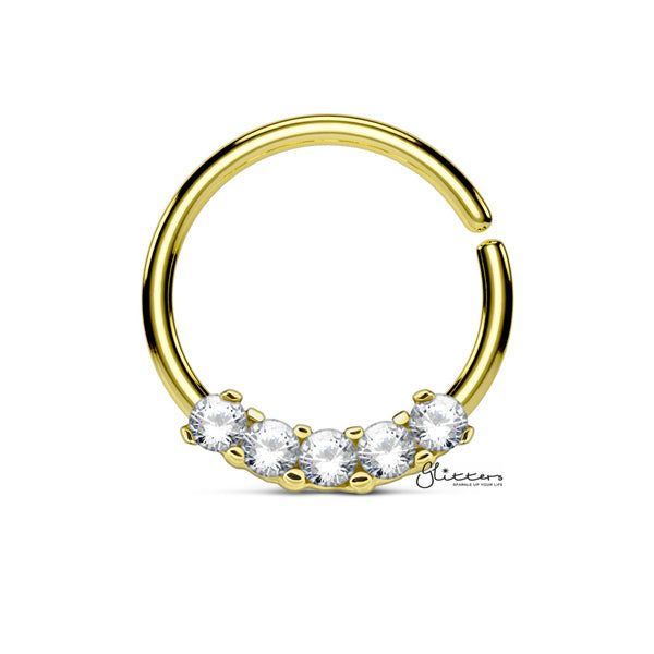 316L Surgical Steel Bendable Hoop Ring with 5 CZ Prong Set-Body Piercing Jewellery, Cartilage, Cubic Zirconia, Nose, Septum Ring-NS0097-G-Glitters