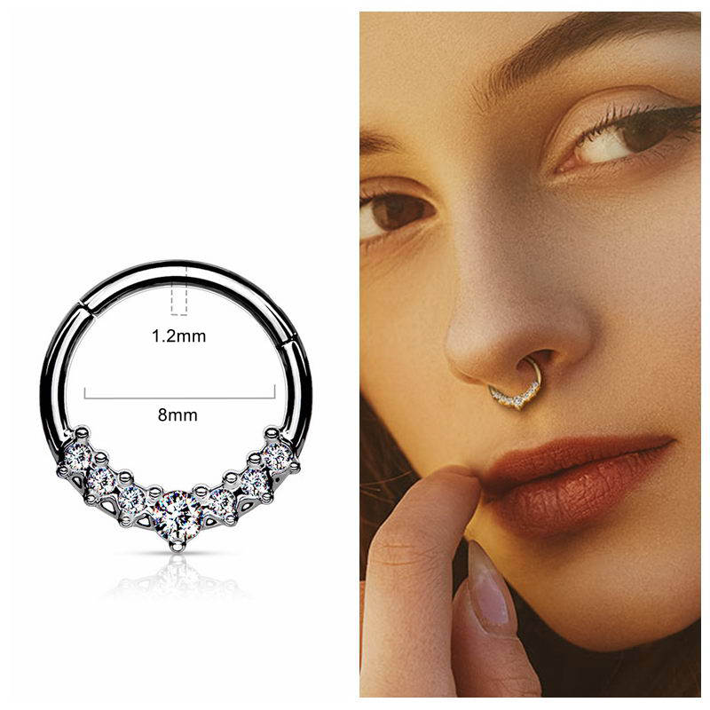 Lined CZ Fan Hinged Segment Hoop Ring - Silver-Body Piercing Jewellery, Cartilage, Daith, Nose, Septum Ring-1-Glitters