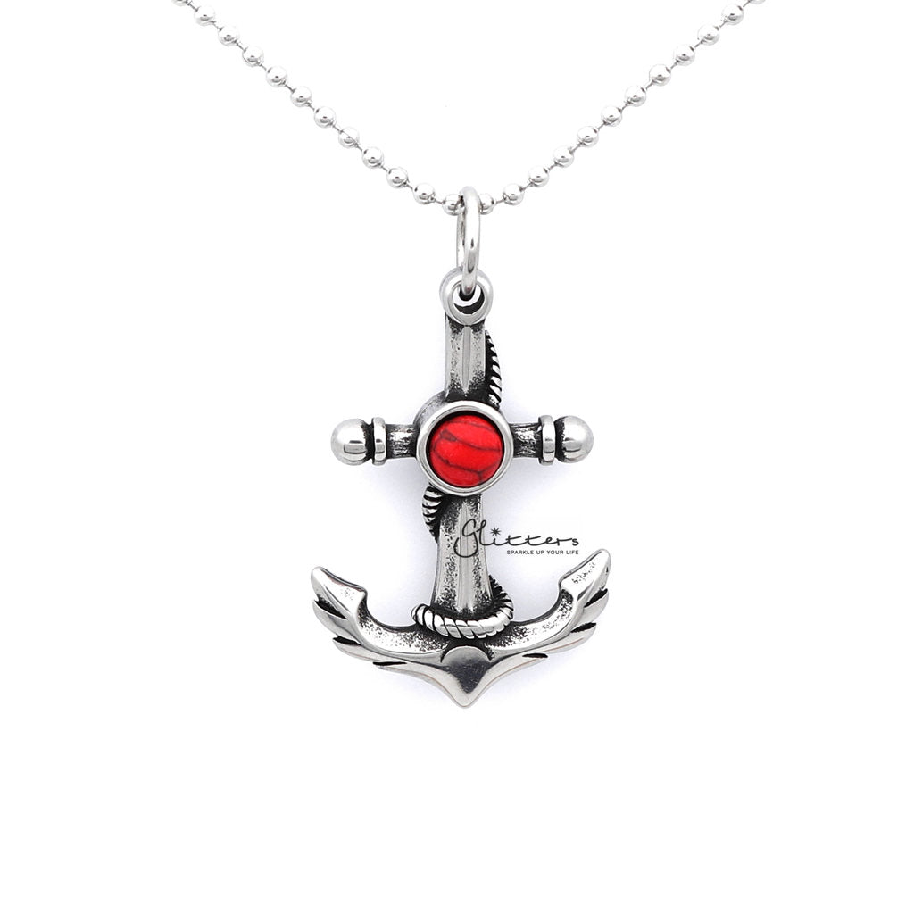 Stainless Steel Anchor and Rope Pendant with Turquoises-Jewellery, Men's Jewellery, Men's Necklace, Necklaces, Pendants, Stainless Steel, Stainless Steel Pendant-SP0236_1000-03-Glitters