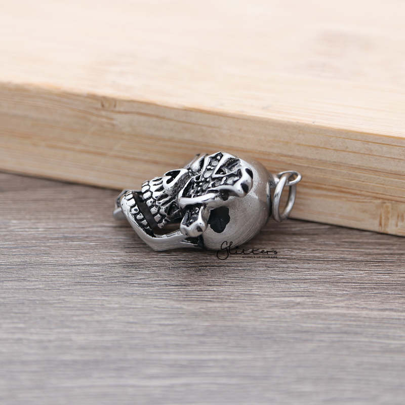 Stainless Steel Antiqued Skull Head with Cross Pendant-Jewellery, Men's Jewellery, Men's Necklace, Necklaces, Pendants, Stainless Steel, Stainless Steel Pendant-SP0268_800-03-Glitters