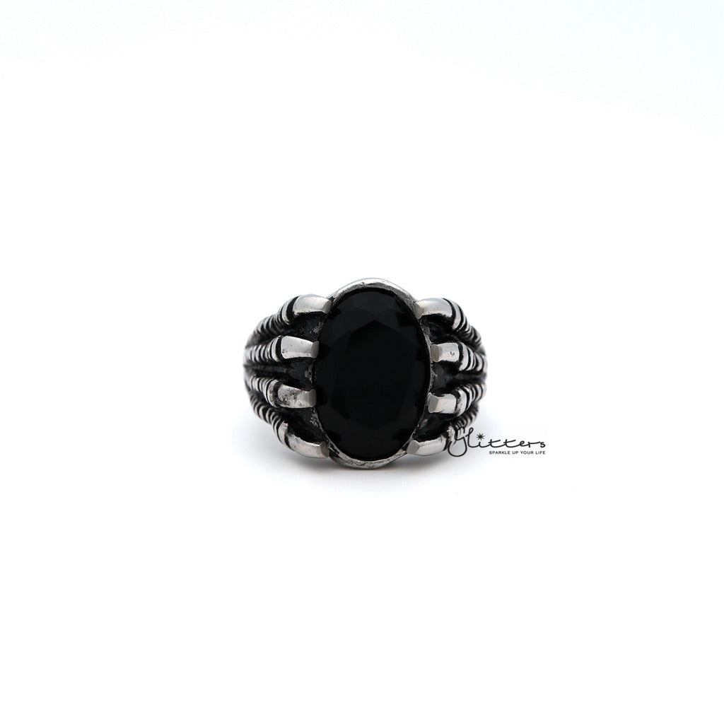 Men's Antiqued Stainless Steel Claw with Black CZ Stone Casting Rings-Cubic Zirconia, Jewellery, Men's Jewellery, Men's Rings, Rings, Stainless Steel, Stainless Steel Rings-SR0210_1000-01-Glitters